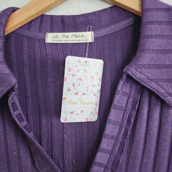 NEW Free People Purple Krystal Ribbed Knit Collar Polo Short Sleeve Top - Picture 7 of 10